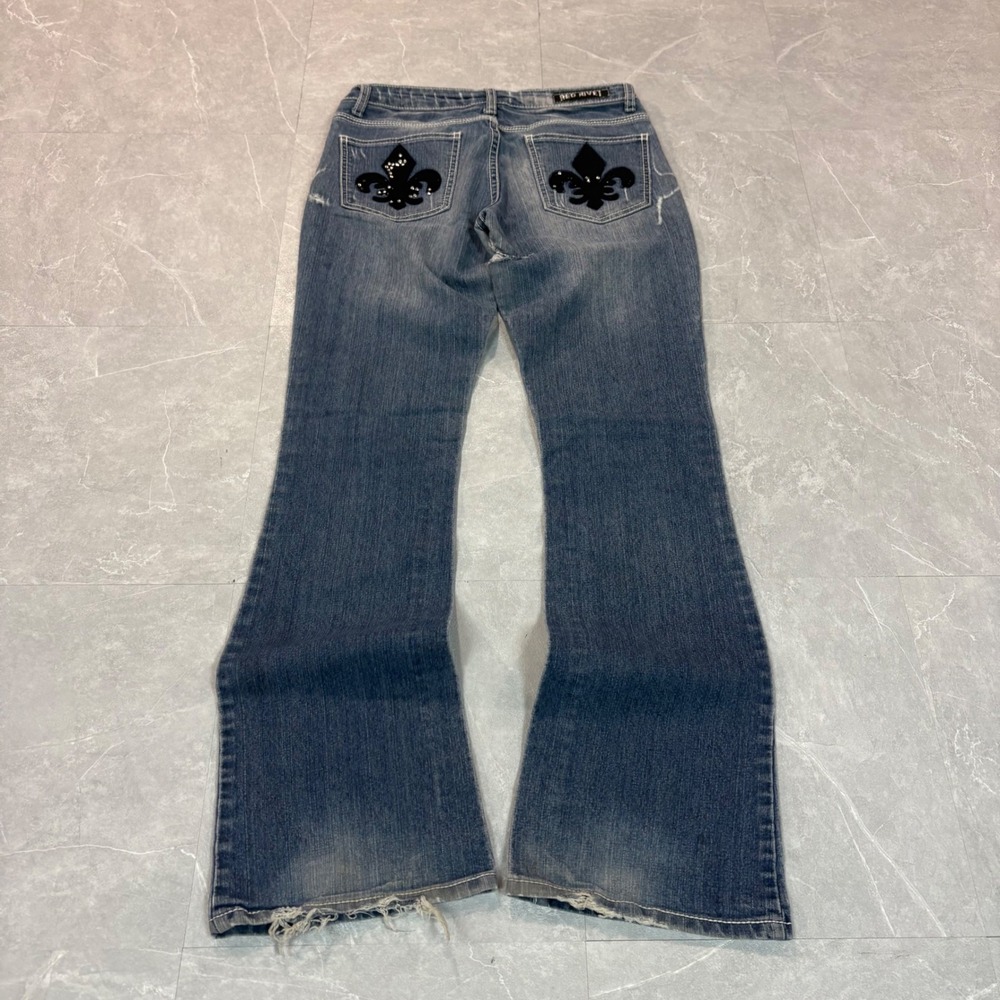 Red Rivet Womens Fleur De Lis Rhinestone Flare Jeans Medium Wash Y2K Size 5
